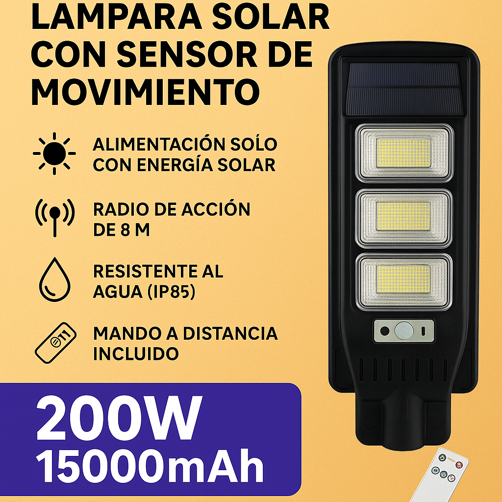 Lámpara Solar LED 200W con Sensor de Movimiento