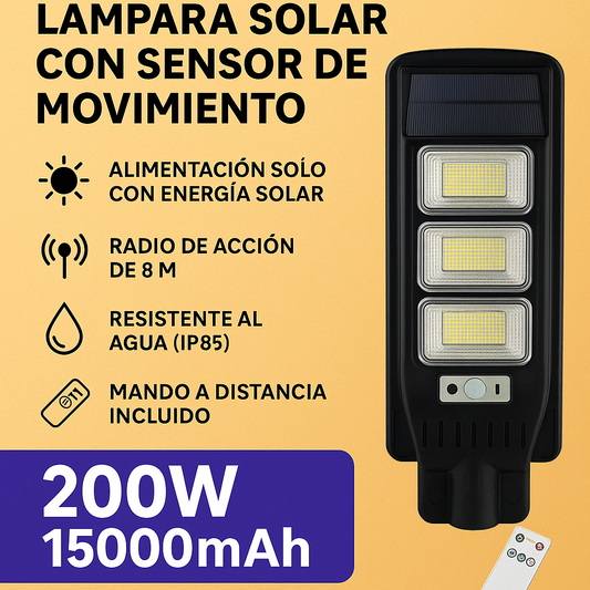 Lámpara Solar LED 200W con Sensor de Movimiento